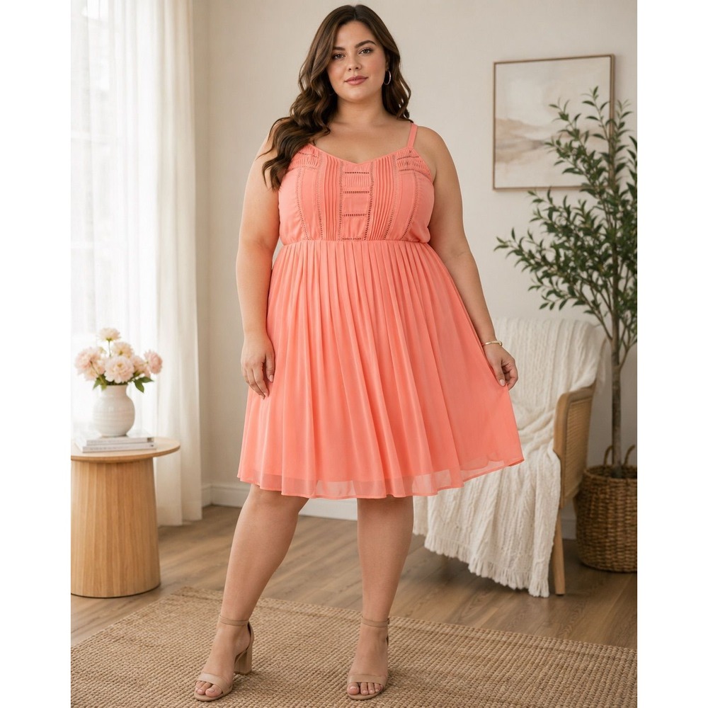 043- Torrid Coral Chiffon Spaghetti Strap Skater Dress 1/1x